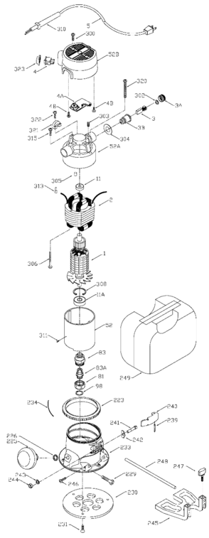 Default Diagram and Parts List for 694VK Type 1 Porter Cable Router